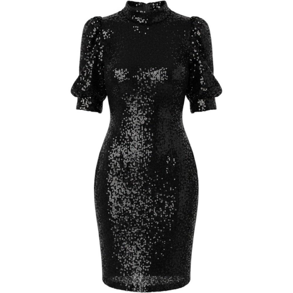 Joie Black Sequin Puff Sleeve Mock Neck Sheath Cocktail Dress Shimmer